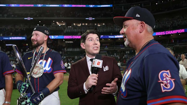 Todd Raleigh is interviewed after his son, Seattle Mariners catcher Cal Raleigh (left) wins the 2025 Home Run Derby at Truist Park on July 14. 