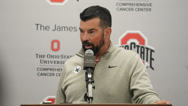 Sep 9, 2024; Columbus, OH, USA; Ohio State football coach Ryan Day talks at a news conference Sept. 9, 2024 at the Woody Hayes Athletic Center.