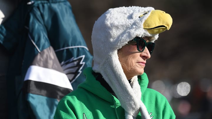 Philadelphia Eagles fans gather as the Eagles Road to Victory Bus Tour makes a stop in Moorestown, NJ on Friday, January 17, 2025.