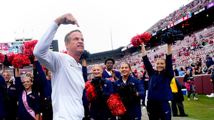 Ole Miss coach Lane Kiffin celebrates after a college football game between the University of Oklahoma Sooners (OU) and the Ole Miss Rebels at Gaylord Family Ð Oklahoma Memorial Stadium in Norman, Okla., Saturday, Oct. 25, 2025. Ole Miss won 34-26. Ole Miss coach Lane Kiffin celebrates after a college football game between the University of Oklahoma Sooners (OU) and the Ole Miss Rebels at Gaylord Family Ð Oklahoma Memorial Stadium in Norman, Okla., Saturday, Oct. 25, 2025. Ole Miss won 34-26.
