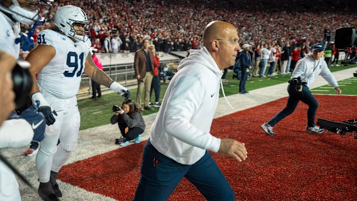 Penn State coach James Franklin leads his team onto the field before a game Saturday, October 26, 2024 at Camp Randall Stadium in Madison, Wisconsin.
