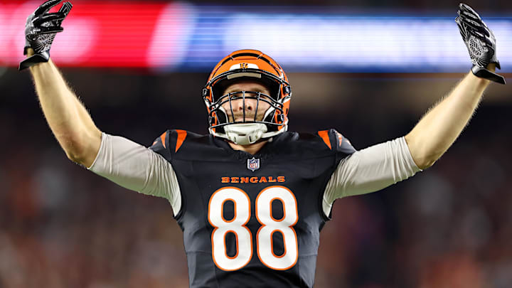 Sep 23, 2024; Cincinnati, Ohio, USA; Cincinnati Bengals tight end Mike Gesicki (88) reacts after his first down catch during the second quarter against the Washington Commanders at Paycor Stadium. Mandatory Credit: Joseph Maiorana-Imagn Images