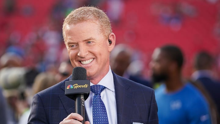 Sep 7, 2023; Kansas City, Missouri, USA; NBC sportscaster Jason Garrett on field prior to a game between the Kansas City Chiefs and Detroit Lions at GEHA Field at Arrowhead Stadium. Mandatory Credit: Denny Medley-Imagn Images
