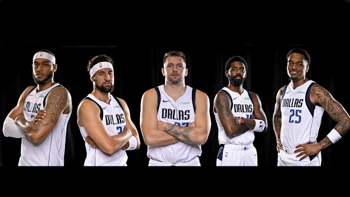 Sep 30, 2024; Dallas, TX, USA; (editor’s note, merged photo), from left, Dallas Mavericks center Daniel Gafford (21) and guard Klay Thompson (31) and guard Luka Doncic (77) and guard Kyrie Irving (11) and forward P.J. Washington (25) pose for a photo during the 2024 Dallas Mavericks media day. Mandatory Credit: Jerome Miron-Imagn Images Sep 30, 2024; Dallas, TX, USA; (editor’s note, merged photo), from left, Dallas Mavericks center Daniel Gafford (21) and guard Klay Thompson (31) and guard Luka Doncic (77) and guard Kyrie Irving (11) and forward P.J. Washington (25) pose for a photo during the 2024 Dallas Mavericks media day. Mandatory Credit: Jerome Miron-Imagn Images
