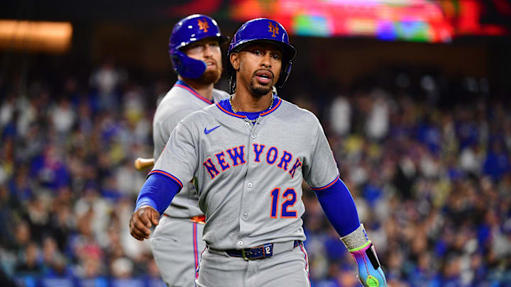 June 3, 2025; Los Angeles, California, USA; New York Mets shortstop Francisco Lindor (12) scores a run against the Los Angeles Dodgers during the fifth inning at Dodger Stadium. Mandatory Credit: Gary A. Vasquez-Imagn Images June 3, 2025; Los Angeles, California, USA; New York Mets shortstop Francisco Lindor (12) scores a run against the Los Angeles Dodgers during the fifth inning at Dodger Stadium. Mandatory Credit: Gary A. Vasquez-Imagn Images