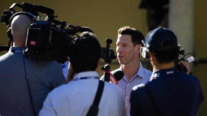 Nov 7, 2023; Scottsdale, AZ, USA; Boston Red Six chief baseball officer Craig Breslow speaks to the media during the MLB General Manager's Meetings at Omni Scottsdale Resort & Spa. Mandatory Credit: Mark J. Rebilas-Imagn Images