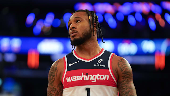 Nov 3, 2025; New York, New York, USA; Washington forward Cam Whitmore (1) looks on during the second half against the New York Knicks at Madison Square Garden. Mandatory Credit: Lucas Boland-Imagn Images