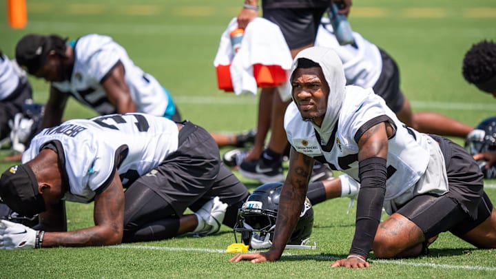 Jacksonville Jaguars cornerback Jarrian Jones (22) stretches of during the fourth organized team activity at the Miller Electric Center in Jacksonville, Fla. Tuesday, May 27, 2025. [Doug Engle/Florida Times-Union]