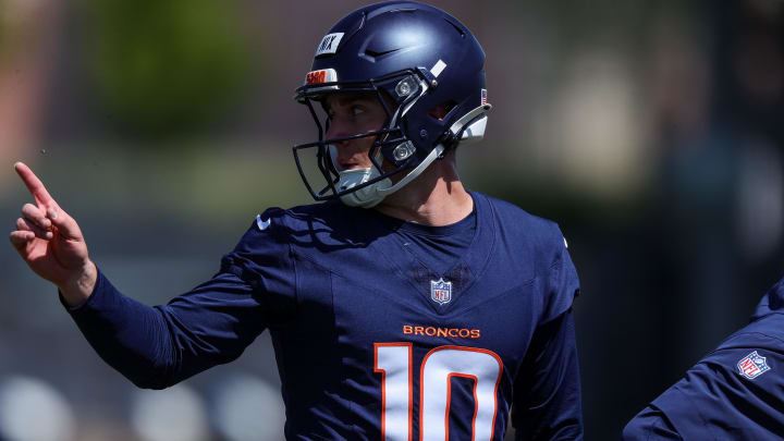 May 23, 2024; Englewood, CO, USA; Denver Broncos quarterback Bo Nix (10) during organized team activities at Centura Health Training Center. Mandatory Credit: Isaiah J. Downing-USA TODAY Sports