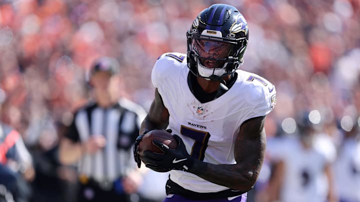 Oct 6, 2024; Cincinnati, Ohio, USA; Baltimore Ravens wide receiver Rashod Bateman (7) scores a touchdown during the second quarter against the Cincinnati Bengals at Paycor Stadium. Mandatory Credit: Joseph Maiorana-Imagn Images