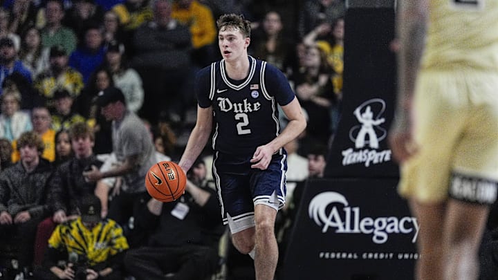 Jan 25, 2025; Winston-Salem, North Carolina, USA; Duke Blue Devils guard Cooper Flagg (2) brings the ball up court against the Wake Forest Demon Deacons during the second half at Lawrence Joel Veterans Memorial Coliseum. Mandatory Credit: Jim Dedmon-Imagn Images