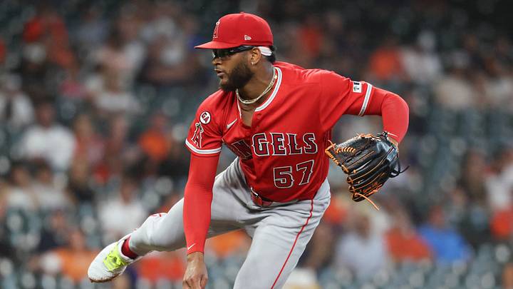 Aug 19, 2026; Houston, Texas, USA; Los Angeles Angels starting pitcher Walbert Urena (57) delivers a pitch during the first inning against the Houston Astros at Daikin Park. Mandatory Credit: Troy Taormina-Imagn Images