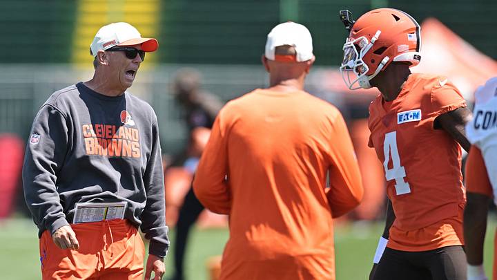 Jul 30, 2026; Berea, OH, USA; Cleveland Browns head coach Todd Monken yells at quarterback Deshaun Watson (4) during training camp at CrossCountry Mortgage Campus. Mandatory Credit: Ken Blaze-Imagn Images Jul 30, 2026; Berea, OH, USA; Cleveland Browns head coach Todd Monken yells at quarterback Deshaun Watson (4) during training camp at CrossCountry Mortgage Campus. Mandatory Credit: Ken Blaze-Imagn Images