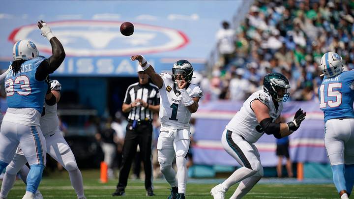 Philadelphia Eagles quarterback Jalen Hurts (1) passes during the first quarter at Nissan Stadium in Nashville, Tenn., Sunday, Sept. 20, 2026. Philadelphia Eagles quarterback Jalen Hurts (1) passes during the first quarter at Nissan Stadium in Nashville, Tenn., Sunday, Sept. 20, 2026.