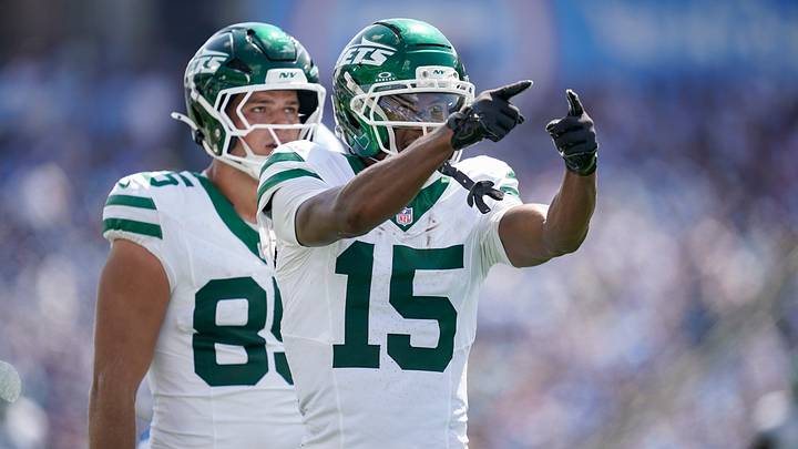 New York Jets wide receiver Adonai Mitchell (15) celebrates a first down against the Tennessee Titans during the third quarter at Nissan Stadium in Nashville, Tenn., Sunday, Sept. 13, 2026. New York Jets wide receiver Adonai Mitchell (15) celebrates a first down against the Tennessee Titans during the third quarter at Nissan Stadium in Nashville, Tenn., Sunday, Sept. 13, 2026.