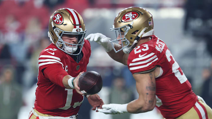 San Francisco 49ers quarterback Brock Purdy (L) and running back Christian McCaffrey (R) San Francisco 49ers quarterback Brock Purdy (L) and running back Christian McCaffrey (R)