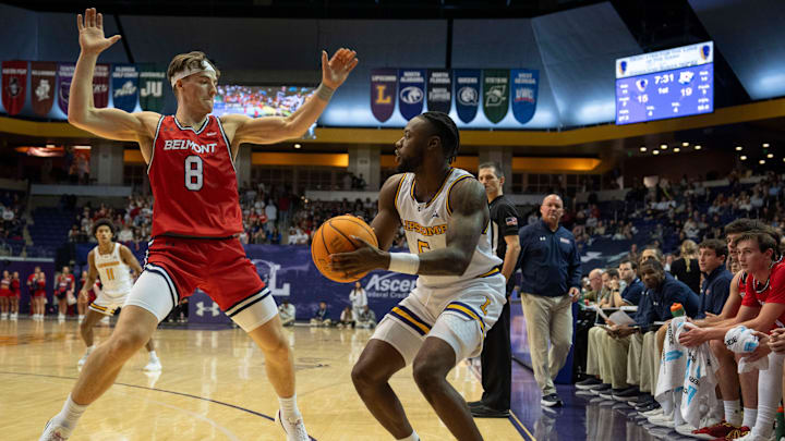 Belmont’s Tyler Lundblade guards Lipscomb’s Miles White during the game at Lipscomb in Nashville, Tenn., Tuesday, Nov. 12, 2024.