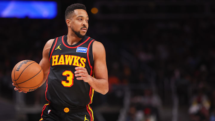 Mar 21, 2026; Atlanta, Georgia, USA; Atlanta Hawks guard CJ McCollum (3) dribbles against the Golden State Warriors in the first quarter at State Farm Arena. Mandatory Credit: Brett Davis-Imagn Images

