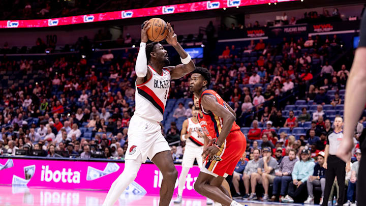 Nov 4, 2024; New Orleans, Louisiana, USA; Portland Trail Blazers center Deandre Ayton (2) dribbles against New Orleans Pelicans center Yves Missi (21) during the first half at Smoothie King Center. Mandatory Credit: Stephen Lew-Imagn Images Nov 4, 2024; New Orleans, Louisiana, USA; Portland Trail Blazers center Deandre Ayton (2) dribbles against New Orleans Pelicans center Yves Missi (21) during the first half at Smoothie King Center. Mandatory Credit: Stephen Lew-Imagn Images