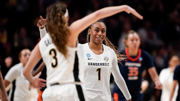 Vanderbilt guard Mikayla Blakes (1) celebrates a three point shot against Illinois during the second half of a second round NCAA college basketball tournament game at Memorial Gym in Nashville, Tenn., Monday, March 23, 2026.