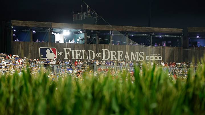 General view as the Chicago Cubs play against the Cincinnati Reds at Field of Dreams General view as the Chicago Cubs play against the Cincinnati Reds at Field of Dreams