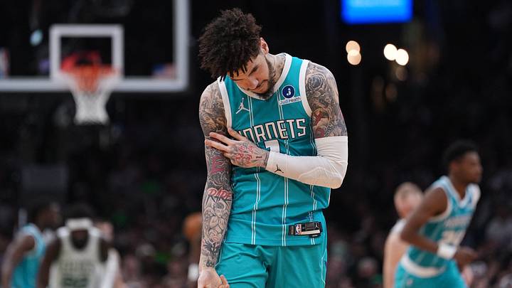Apr 7, 2026; Boston, Massachusetts, USA; Charlotte Hornets guard LaMelo Ball (1) reacts after his three point basket against the Boston Celtics in the second quarter at TD Garden. Mandatory Credit: David Butler II-Imagn Images
