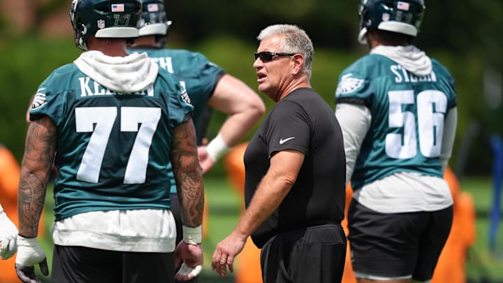 Jun 10, 2025; Philadelphia, PA, USA; Philadelphia Eagles offensive line coach Jeff Stoutland reacts during a practice drill at NovaCare Complex. Mandatory Credit: Kyle Ross-Imagn Images