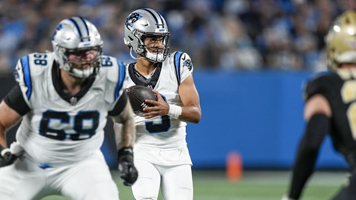 Sep 18, 2023; Charlotte, North Carolina, USA; Carolina Panthers quarterback Bryce Young (9) looks