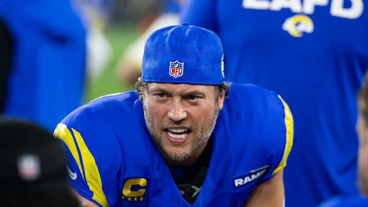 Jan 13, 2025; Glendale, AZ, USA; Los Angeles Rams quarterback Matthew Stafford (9) against the Minnesota Vikings during an NFC wild card game at State Farm Stadium. Mandatory Credit: Mark J. Rebilas-Imagn Images Jan 13, 2025; Glendale, AZ, USA; Los Angeles Rams quarterback Matthew Stafford (9) against the Minnesota Vikings during an NFC wild card game at State Farm Stadium. Mandatory Credit: Mark J. Rebilas-Imagn Images