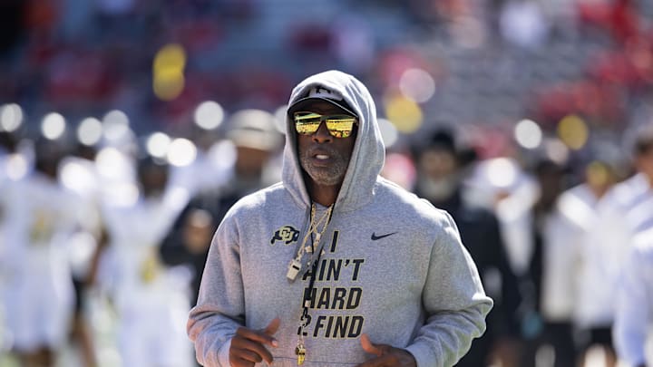 Oct 19, 2024; Tucson, Arizona, USA; Colorado Buffalos head coach Deion Sanders against the Arizona Wildcats at Arizona Stadium. Mandatory Credit: Mark J. Rebilas-Imagn Images
