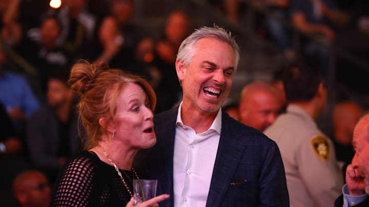 Apr 13, 2024; Las Vegas, Nevada, USA; Fox Sports sports analysis Colin Cowherd with wife Ann Cowherd in attendance during UFC 300 at T-Mobile Arena. Mandatory Credit: Mark J. Rebilas-Imagn Images