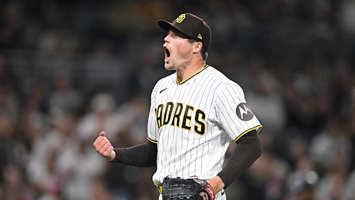 San Diego Padres relief pitcher Mason Miller (22) reacts after pitching in the ninth inning against the Colorado Rockies at Petco Park on April 9.