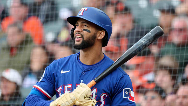 Apr 27, 2025; San Francisco, California, USA; Texas Rangers outfielder Leody Taveras (3) looks on in the on-deck circle against the San Francisco Giants during the seventh inning at Oracle Park. 