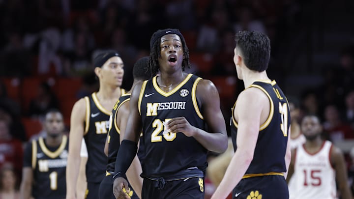 Mar 5, 2025; Norman, Oklahoma, USA; Missouri Tigers guard Mark Mitchell (25) reacts after a play against the Oklahoma Sooners during the second half at Lloyd Noble Center. Mandatory Credit: Alonzo Adams-Imagn Images