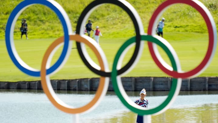 Nelly Korda looks on from the 15th green in the final round of women's individual stroke play during the Paris 2024 Olympic Summer Games.