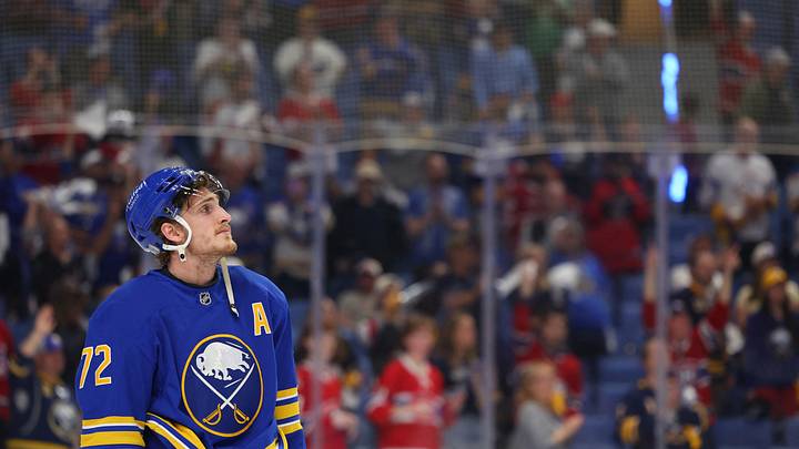 May 18, 2026; Buffalo, New York, USA; Buffalo Sabres center Tage Thompson (72) reacts after losing an overtime game against the Montréal Canadiens in game seven of the second round of the 2026 Stanley Cup Playoffs at KeyBank Center. Mandatory Credit: Timothy T. Ludwig-Imagn Images May 18, 2026; Buffalo, New York, USA; Buffalo Sabres center Tage Thompson (72) reacts after losing an overtime game against the Montréal Canadiens in game seven of the second round of the 2026 Stanley Cup Playoffs at KeyBank Center. Mandatory Credit: Timothy T. Ludwig-Imagn Images
