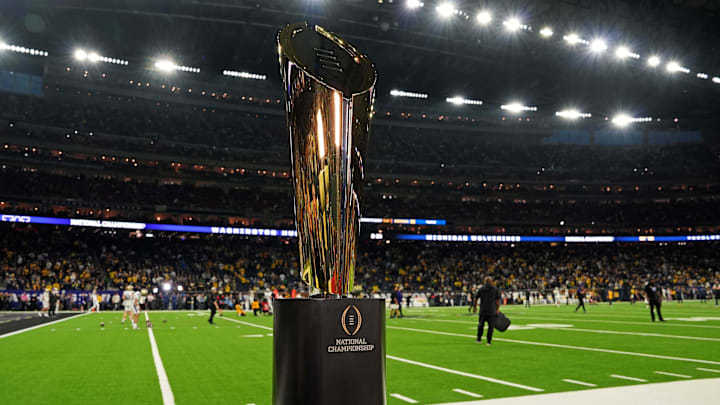 Jan 8, 2024; Houston, TX, USA; A view of the CFP Trophy before the 2024 College Football Playoff national championship game between the Michigan Wolverines and the Washington Huskies at NRG Stadium. Mandatory Credit: Kirby Lee-Imagn Images