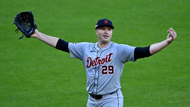 Detroit Tigers pitcher Tarik Skubal (29) celebrates after a double play that ended the sixth inning against the Cleveland Guardians during game two of the ALDS for the 2024 MLB Playoffs at Progressive Field on Oct 7.