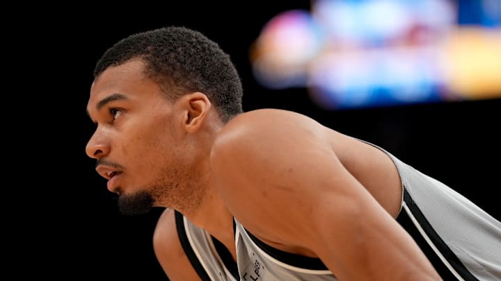 Apr 1, 2026; San Francisco, California, USA; San Antonio Spurs center Victor Wembanyama (1) stands on the court during a break in the action against the Golden State Warriors in the third quarter at the Chase Center. Mandatory Credit: Cary Edmondson-Imagn Images