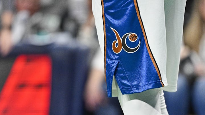 Jan 24, 2023; Dallas, Texas, USA; A view of the Washington Wizards logo during the game between Wizards and the Dallas Mavericks at the American Airlines Center. Mandatory Credit: Jerome Miron-Imagn Images
