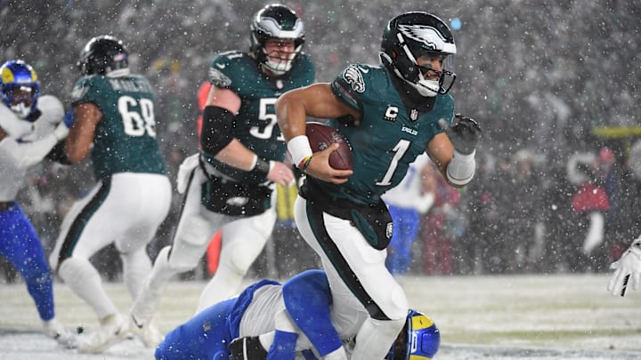 Hurts went 15-of-20 for 128 yards and a rushing touchdown in the divisional round