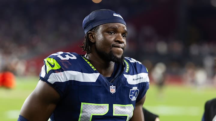 Sep 25, 2025; Glendale, Arizona, USA; Seattle Seahawks linebacker Boye Mafe (53) against the Arizona Cardinals at State Farm Stadium. Mandatory Credit: Mark J. Rebilas-Imagn Images