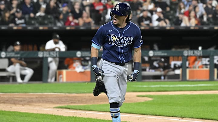 Sep 9, 2025; Chicago, Illinois, USA;  Tampa Bay Rays third baseman Tristan Gray (10) reacts after he hits a home run against the Chicago White Sox during the seventh inning at Rate Field. Mandatory Credit: Matt Marton-Imagn Images