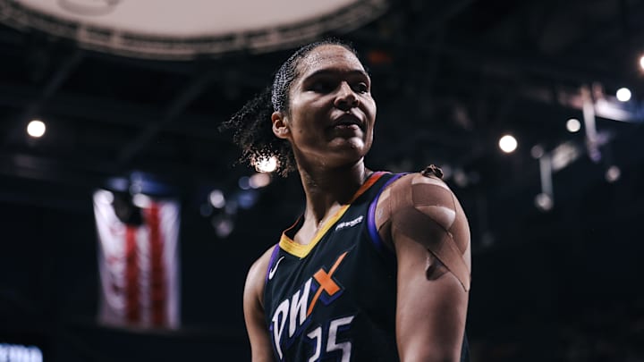 Jul 27, 2025; Washington, District of Columbia, USA; Phoenix Mercury forward Alyssa Thomas (25) reacts after a making a shot in the third quarter against the Washington Mystics at CareFirst Arena. Mandatory Credit: Emily Faith Morgan-Imagn Images