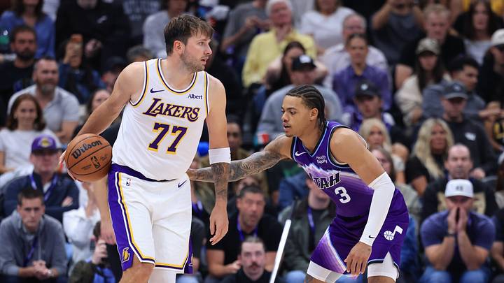 Oct 25, 2026; Salt Lake City, Utah, USA; Los Angeles Lakers guard Luka Doncic (77) looks for a play as Utah Jazz guard Keyonte George (3) defends during the second half at Delta Center. Mandatory Credit: Rob Gray-Imagn Images Oct 25, 2026; Salt Lake City, Utah, USA; Los Angeles Lakers guard Luka Doncic (77) looks for a play as Utah Jazz guard Keyonte George (3) defends during the second half at Delta Center. Mandatory Credit: Rob Gray-Imagn Images