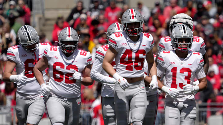 April 13, 2024; Columbus, Ohio, USA; 
Ohio State Buckeyes defensive end Caden Davis (61), defensive
