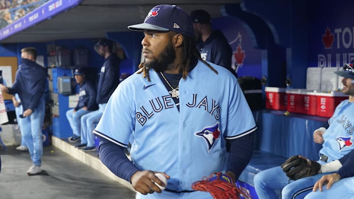 Sep 28, 2023; Toronto, Ontario, CAN; Toronto Blue Jays first baseman Vladimir Guerrero Jr. (27) in