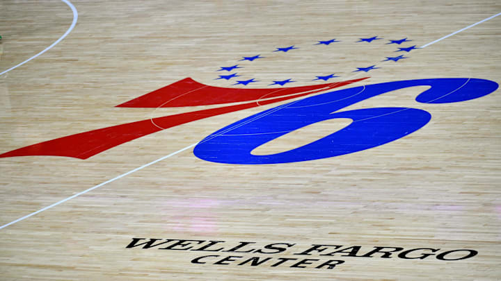 Jan 22, 2021; Philadelphia, Pennsylvania, USA; Philadelphia 76ers logo on the court against the Boston Celtics at Wells Fargo Center. Mandatory Credit: Eric Hartline-Imagn Images