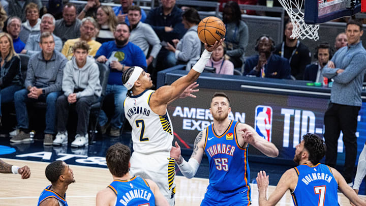 Oct 23, 2025; Indianapolis, Indiana, USA; Indiana Pacers guard Andrew Nembhard (2) shoots the ball while Oklahoma City Thunder center Isaiah Hartenstein (55) defends in the first half at Gainbridge Fieldhouse. Mandatory Credit: Trevor Ruszkowski-Imagn Images Oct 23, 2025; Indianapolis, Indiana, USA; Indiana Pacers guard Andrew Nembhard (2) shoots the ball while Oklahoma City Thunder center Isaiah Hartenstein (55) defends in the first half at Gainbridge Fieldhouse. Mandatory Credit: Trevor Ruszkowski-Imagn Images