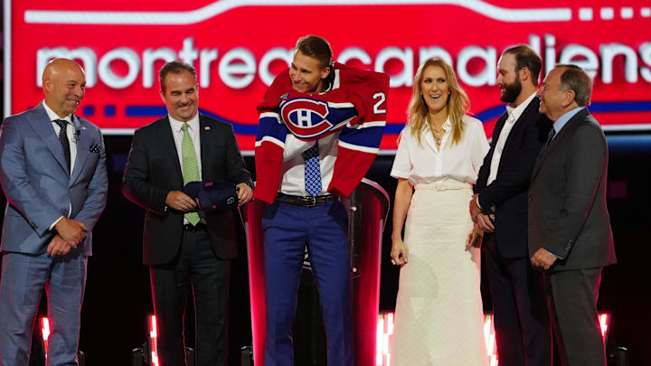 Jun 28, 2024; Las Vegas, Nevada, USA; Ivan Demidov is selected with the 5th overall pick of the first round of the 2024 NHL Draft at The Sphere. Mandatory Credit: Stephen R. Sylvanie-Imagn Images
